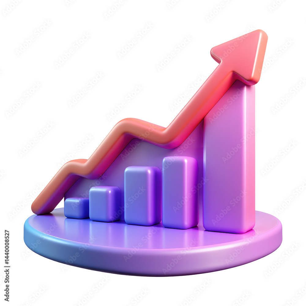 Poster bar graph icon with an upward arrow in vibrant neon holographic style. isolated plastic 3d icon.