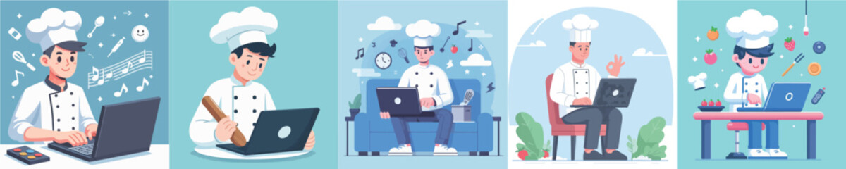 chef character vector playing laptop