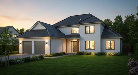 Obraz premium A contemporary two-story Gussek Haus model home with a dark roof and integrated two-car garage is softly illuminated at dusk, showcasing its clean lines and modern aesthetic.