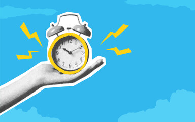 Collage with halftone hands holding alarm clocks. Ringing alarm clock. Newspaper elements on blue background with empty place