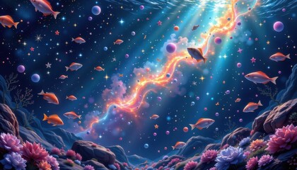 celestial theme a cosmic underwater scene with fish swimming among stars and galaxies, creating a dreamy fusion of the sea and space.