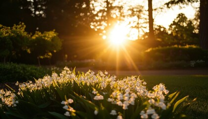 Obraz premium Sunset over a field of flowers
