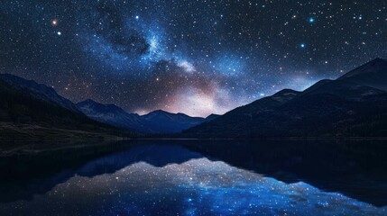A starry night over a lake with mountains, a peaceful celestial view.