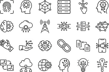 Obraz premium Cloud Computing, Artificial Intelligence, and Technology Line Icons – Modern Vector Set