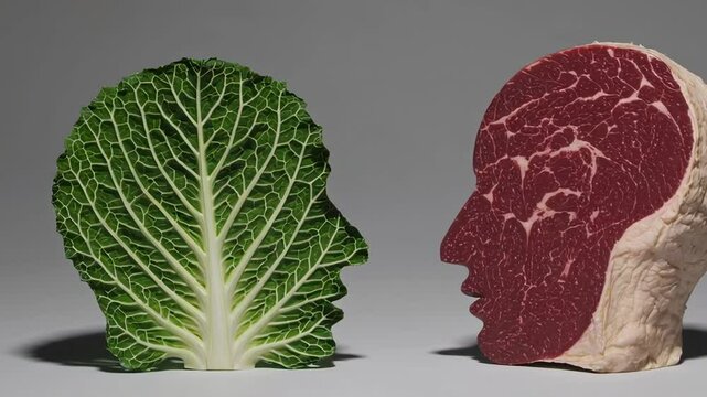 Symbolic dietary heads of raw beef and savoy cabbage facing off, representing nutritional choices and lifestyle contrasts against neutral gray background