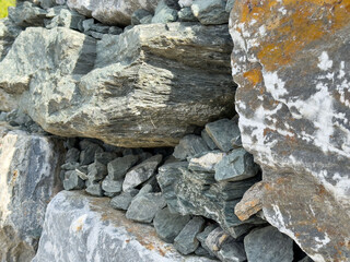Close-up of stacked rough stones with various shades and textures