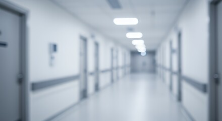 Fototapeta premium Empty Hospital Corridor with Doors and Lights in Soft Focus