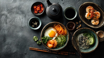 Healthy Asian Food Spread with Noodles and Rice