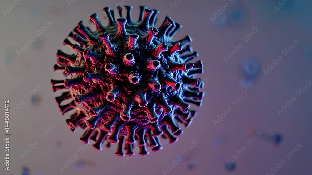 Poster microscopic view shows a coronavirus rotating slightly, with other blurry particles floating in the 