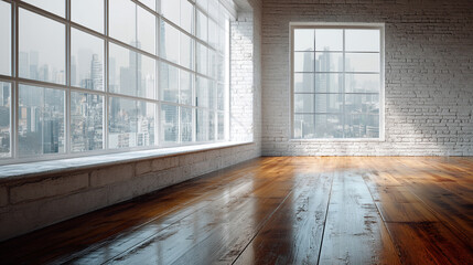 Minimalist empty room with large windows, brick wall and wooden floor, studio with natural light and city view