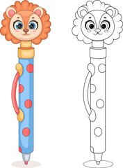 Cute lion pen cartoon and coloring page