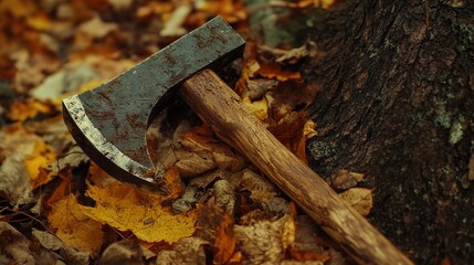 Rusty Axe in Autumn Leaves