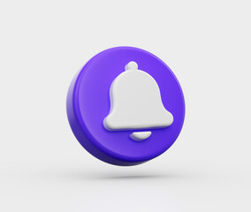 3D Purple and White bell button icon for notifications and updates. 3d illustration