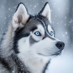 Naklejka premium A breathtaking closeup of a Siberian Husky its icy blue eyes staring intently with thick fur beautifully detailed against a snowy wildernes
