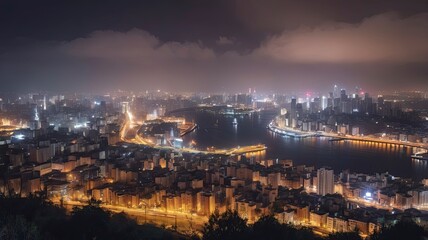 Naklejka premium view of the city full of lights at night seen from the top of the hill