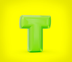 Green colorful shiny jelly alphabet T isolated on yellow background. 3d illustration