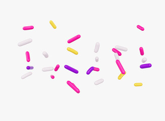 Bright and colorful candy sprinkles scattered on a white background, 3d illustration