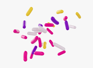 Bright and colorful candy sprinkles scattered on a white background, 3d illustration