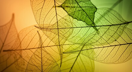 Delicate Silhouettes of Overlaying Leaves in Shades of Green and Orange, Captured in Natural Light, Evoking a Sense of Serenity and Connection with Nature