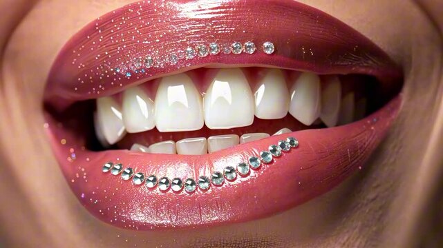 Close-up of glossy pink lips with silver rhinestones on lips and along gumline forming a creative pattern. Concept of beauty statement and glam expression