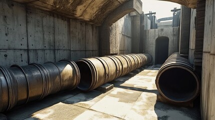 Large industrial pipes in a concrete corridor with sunlight casting shadows.