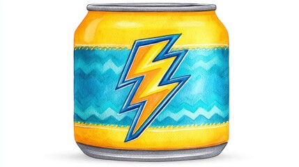 Obraz premium Yellow Aluminum Can with Blue Lightning Bolt Design Watercolor Illustration