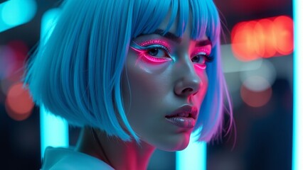 Obraz premium Woman With Blue Hair And Neon Makeup