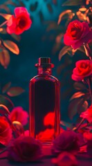 Perfume glass bottle among red roses. Premium advertising design of elegant floral perfume.