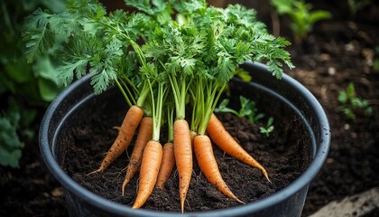Fresh carrots with green leaves in a black pot of soil in an outdoor garden.