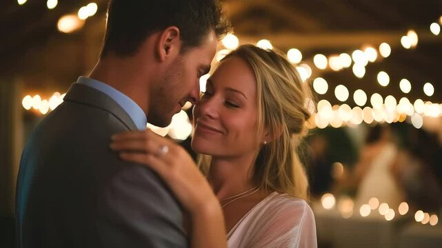 A couple's enchanting first dance in a fairy-lit barn with a cozy, rustic charm.