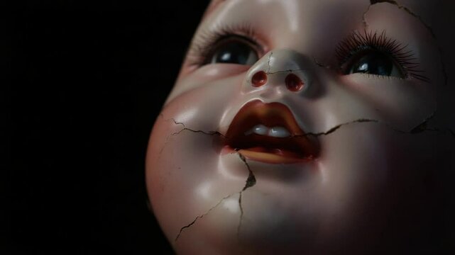 Cracked porcelain doll with an unsettling expression