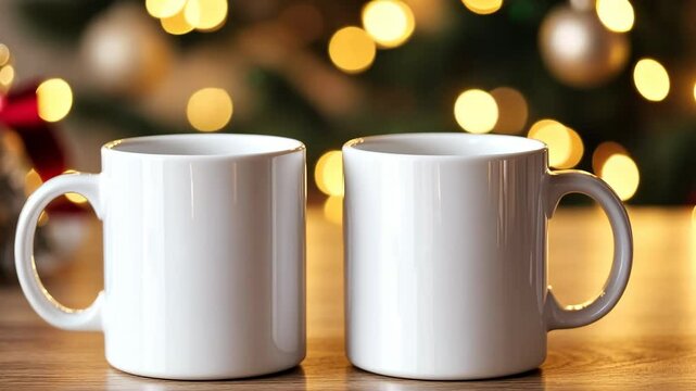 Christmas Mug Mock-Up. Two minimalistic white mugs. Blank white ceramic cups on a desk surface, beautiful warm bokeh lights blurred background. For overlaying your custom quotes, designs for selling.