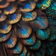 A breathtaking macro shot of a Peacocks iridescent feathers highlighting the intricate patterns of blues greens and golds 