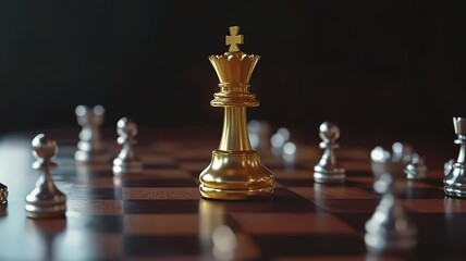 Golden chess king piece standing on dark wooden board with scattered silver pawns around, symbolizing power, strategy and business dominance in competitive market.