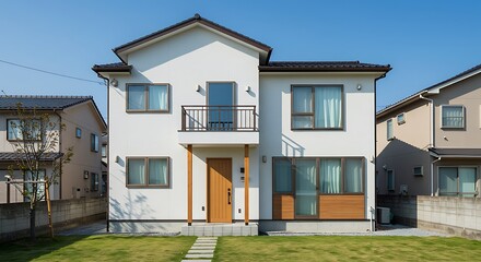 A clean and contemporary two-story home with a white facade, dark roof, a small balcony above the front door, and a well-kept lawn under a clear blue sky.