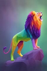 A vibrant, geometric lion with a rainbow-colored mane stands proudly on a rock against a soft, gradient background.