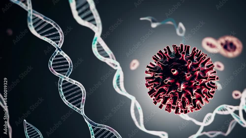 Poster microscopic view of a red virus rotating near dna double helix strands, suggesting genetic research 