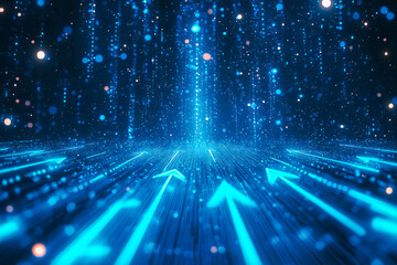 Diagonal stream of growth Up arrows in blue futuristic style on dark technology background with glowing dots or stars.high-speed arrows that are flying up.