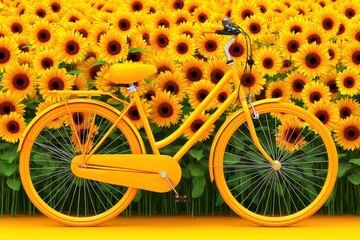 A bright yellow bicycle stands in front of a vibrant field of blooming sunflowers, creating a cheerful and colorful scene.
