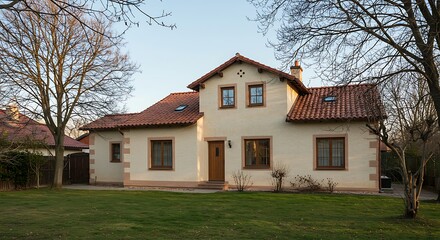Fototapeta premium A charming, uniquely designed holiday home with a light-colored facade, red tiled roof, and warm wooden window frames is nestled in a serene setting, possibly in Willersdorf and featuring spa amenitie