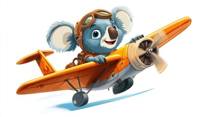 Happy koala pilot flying vintage plane.