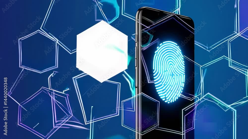 Poster Glowing fingerprint unlocking smartphone in futuristic digital environment with hexagonal shapes, ensuring secure access and advanced cybersecurity measures