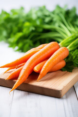 Fresh carrots lying on wooden cutting board with green carrot tops