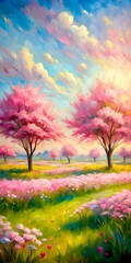 Fototapeta premium Springtime Meadow with Cherry Blossom Trees