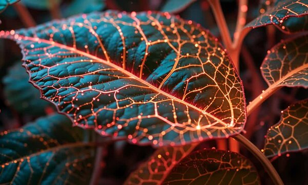 Macro shot of colorful leaf with glowing red veins against dark blurred nature background. Concept of nature&rsquo;s microcosmic beauty