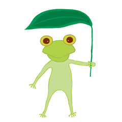 葉っぱを持つ雨蛙の手描きのイラスト　クリップアート　png　背景透過　