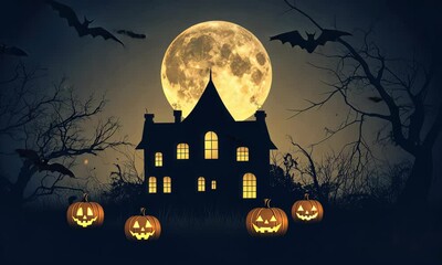 Spooky Halloween night scene with haunted house, pumpkins, bats, and full moon. Perfect for Halloween themed projects.halloween background