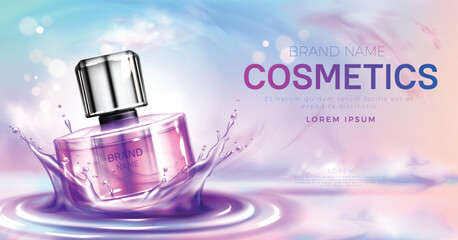 Perfume cosmetic bottle on splashing water surface vector