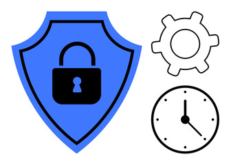 Shield with lock conveying security, clock symbolizing time management, gear indicating system operation. Ideal for cybersecurity, productivity, process optimization, software, system reliability
