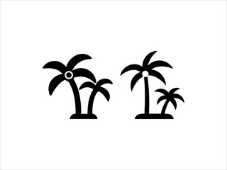 This image features a black and white silhouette of three palm trees of varying heights against a plain white background.